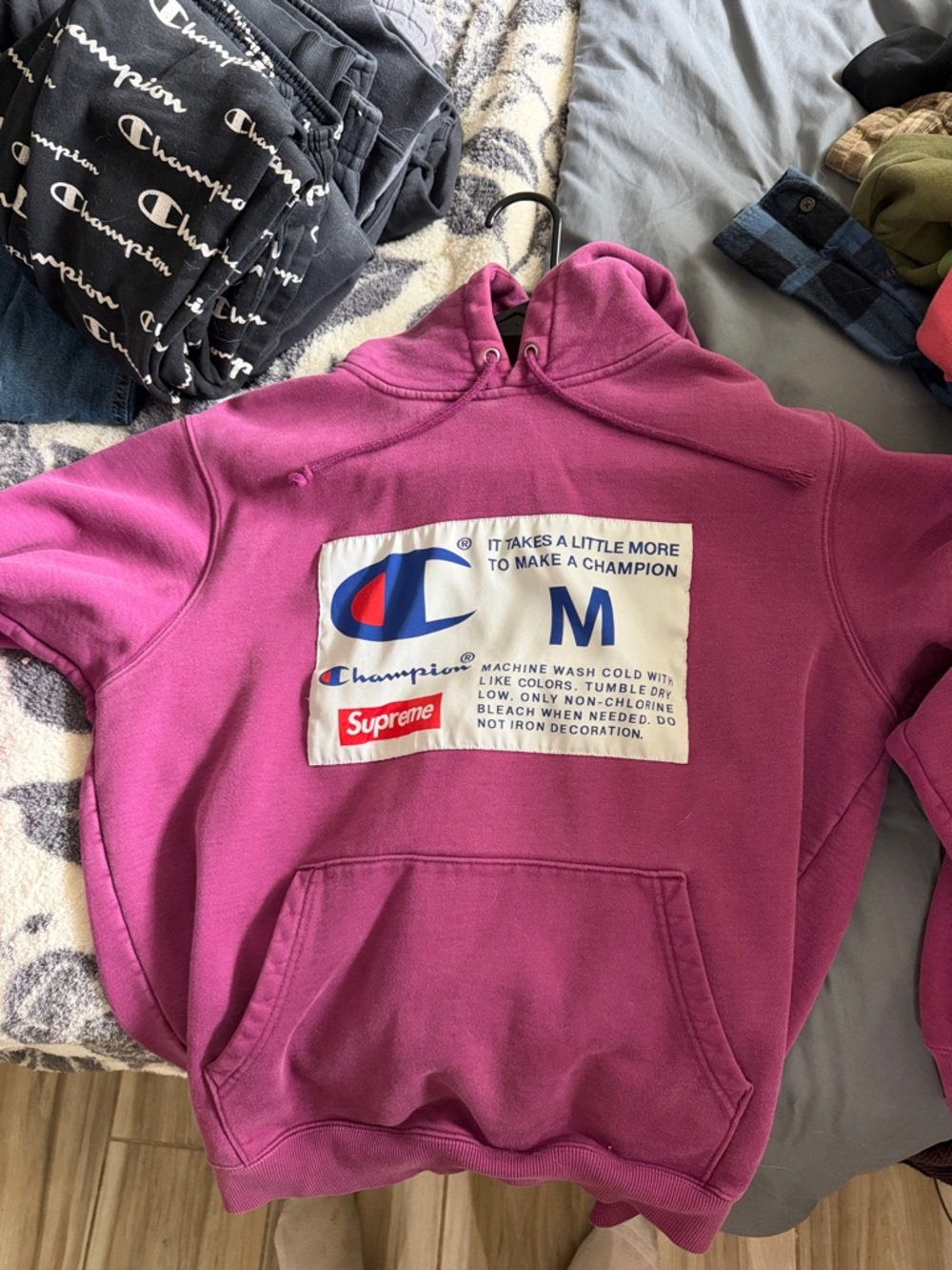Supreme x Champion Magenta Crewneck Hoodie with Patch Logo